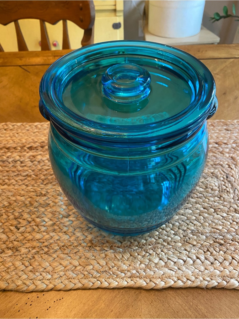 L.E. Smith Peacock blue glass cookie jar